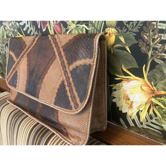 Carlos Falchi Vintage Fabulous Large Brown Skins Leather & Snakeskin Clutch - Picture 4 of 8